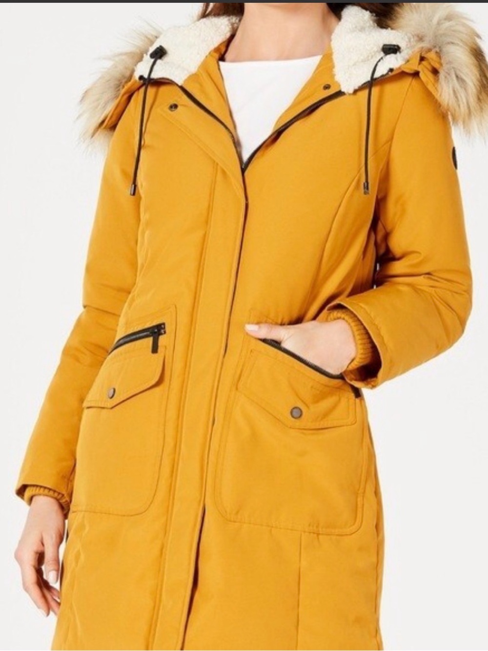 French Connection Mustard Long Parka with Faux Fur Hood